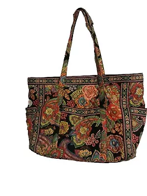 Vera Bradley Large Tote Multicolor Paisley Floral Borders Pockets Zip Closure • $17