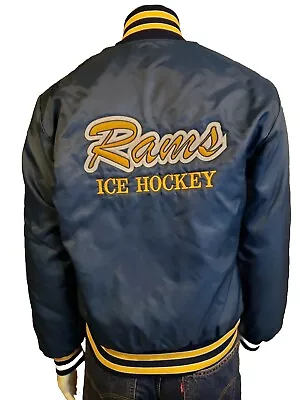 Birdie Vtg Nylon Varsity Jacket USA Rams Ice Hockey Geoff 4 Blue Yellow Mens S • $25.95