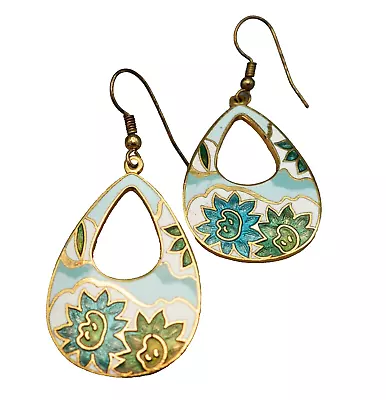 Shades Of Blue Vintage Enamel Abstract Sunflower Teardrop Earrings • $9.99