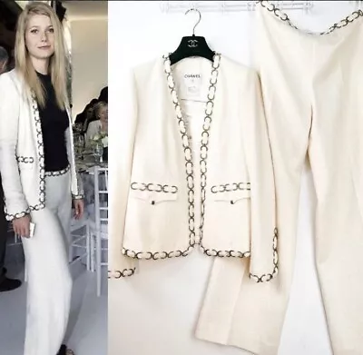 Chanel 02p Ecru Silk Chain Embellished Two-piece Pant  Suit Fr44 Us12 • $2500