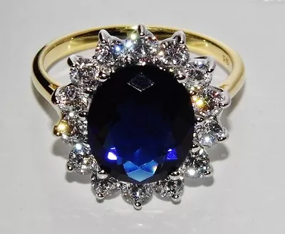 9ct Gold & Silver Blue Sapphire & Cz Princess Diana Large Cluster Ring Size S • £29.95