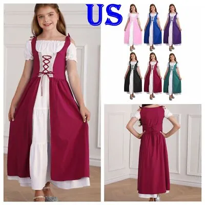 US Girls Kids Vintage Medieval Fairy Costume Renaissance Princess Long Dress • $28.54