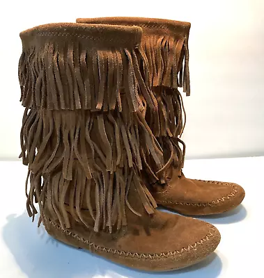 Women's Mudd Brown Suede Calf Moccasin Boots With Fringe - Size 7 Med • $15.99