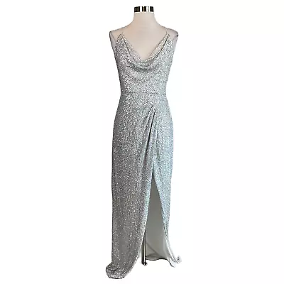 Aidan Mattox Women's Formal Dress Silver Sequined Strappy Back Long Gown Size 10 • $69.99