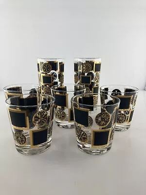 Rare Vtg Mid Century Modern Black & Gold Barware Glasses 2 Highball & 5 Whisky • $65