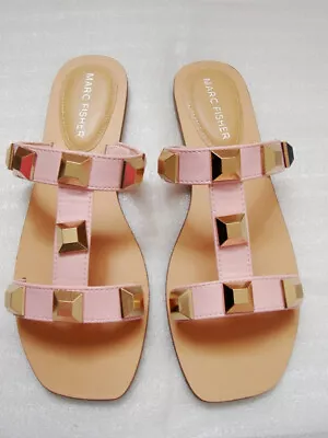 Marc Fisher Leather Pink Flat Slide Sandals Gold Studs Women 7M NoSalesTax • $15.99