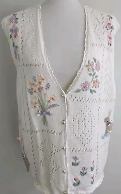 Spring Easter Bunny Sweater Vest White Cotton Blend L Embroidery Granny Core VGC • $24.74