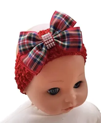 Christmas Hair Bow Red Tartan & Diamante Headband Baby Newborn UK Seller 🇬🇧 • £2.55