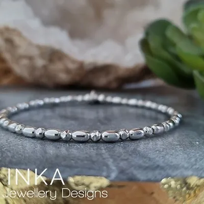 INKA 925 Sterling Silver Stretch Textured Bead Stacking Bracelet With INKA Charm • $30.31