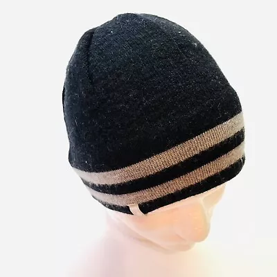 100% Merino Wool Skull Cap Beanie Hat Black Gray Stripe Winter Made In Canada • $14.98