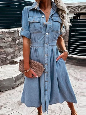 £24.69 • Buy Women Ladies Denim Shirt Dress Long Sleeve Button Down Casual Midi Dresses 14 16