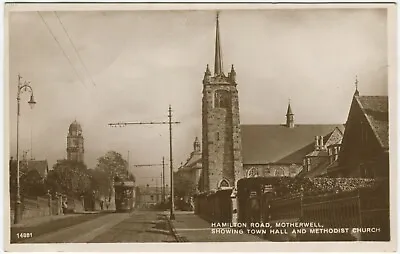 HAMILTON ROAD SHOWING TOWN HALL & CHURCH MOTHERWELL TRAM -Lanarkshire Postcard • £14