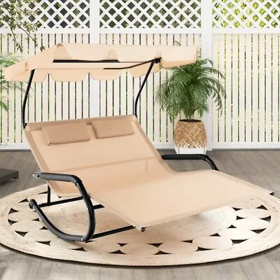 Outdoor 2-Person Rocking Chaise Metal Frame Backyard Lounger W/ Wheels & Canopy • $158.96