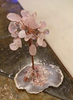 Rose Quartz Crystal Money Tree On A Stone Slice Base Decoration See Pictures • $0.99