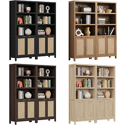 5 Tier Bookshelf Rattan Boho Bookcase With Doors For Living Room Bedroom Office • $218.49