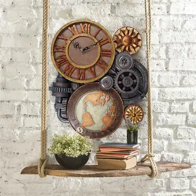 LARGE 25  Industrial Steampunk Timepiece Roman Numeral Gears Globe Wall Clock • $244.17