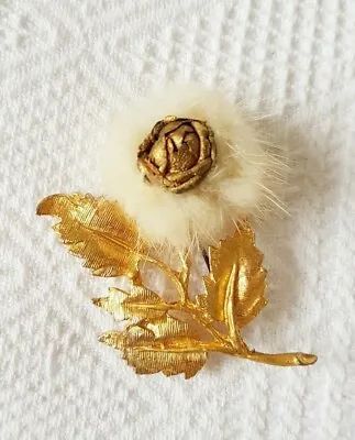 Vintage 1950s ~ Cream Mink Fur Brooch ~ Flower ~ Gold Plated • £16.99