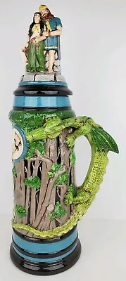 Vintage Hand Painted Ceramic Viking Warrior Fighting The Dragon Beer Stein 19  • $279.99