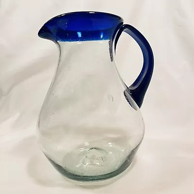 Pitcher Glass Cobalt Blue Rim And Handle Mexican Blue Glass • $9.99