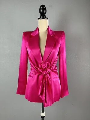 Zara Allover Satin Structured Tie Sash Front Blazer Jacket Hot Pink Size XS • $75.05