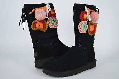 NIB! $295 Womens Ugg Crochet Classic 1095270 Black Flower Knit Boots Sz 7-9  • $79.99