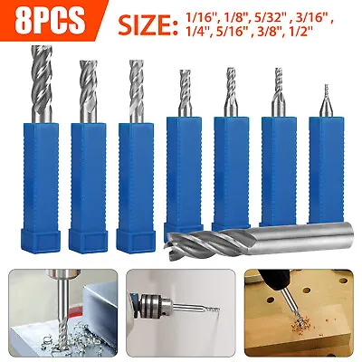 8Pcs 4 Flute Solid End Milling Cutter Drills Bits 1/16 -1/2  HSS Slot Tool Set • $15.98