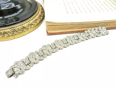 Antique Vintage Art Deco Silver Tone Rhinestone Link Bracelet RR57 • $50.99