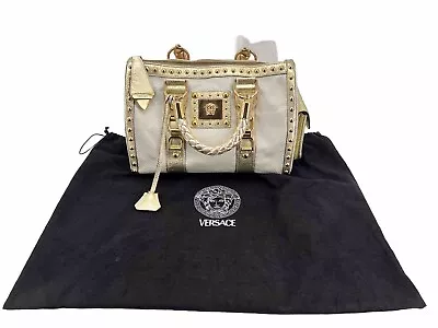 Versace Madonna Satchel Handbag Ivory Canvas Studded Gold Tone Double Handles • $559.99