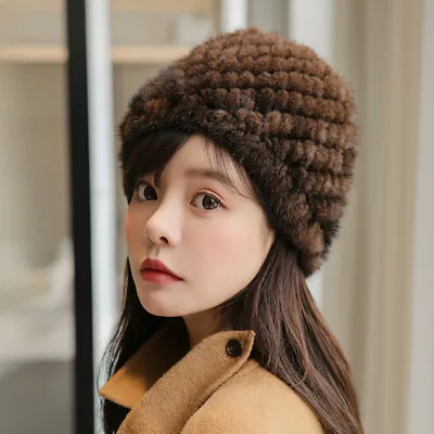 Womens Winter Warm Real Mink Fur Hat Knitted Elastic Beanie Snow Cap Earmuffs • $25