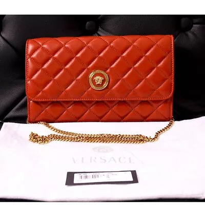 NEW $1325 VERSACE Red Quilted Lambskin Leather GOLD MEDUSA HEAD LOGO WOC BAG • $1082.22