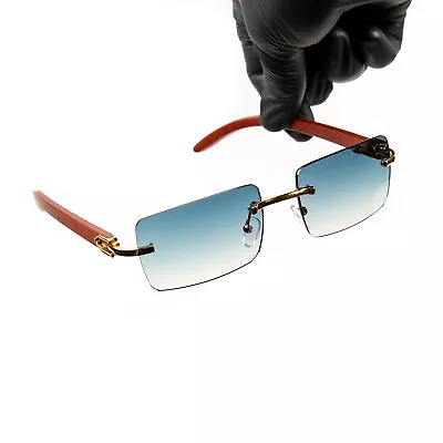 Men's Gold Frame Turquoise Gradient Tint Rimless Hip Hop Woodgrain Sunglasses • $14.99