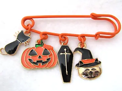 Orange Safetypin/kilt Brooch With Halloween Theme Enamel Charms- New- • £2.75