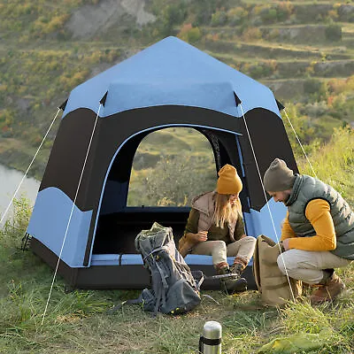 Four Man Hexagon Pop-Up Tent Camping Festival Hiking Shelter Family Blue & Black • £70.99