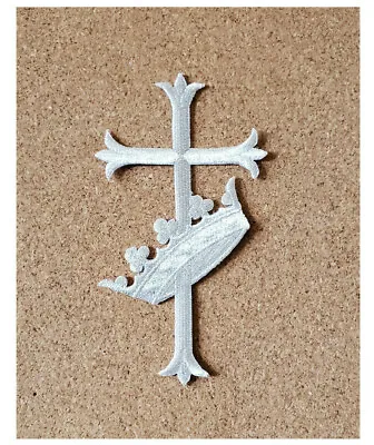 $6.95 • Buy Embroidered Silver Metallic Latin Fleur Cross W/Crown - Iron On Applique Patch