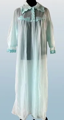 Vtg 1950s Peignoir Baby Blue Double Layer Chiffon Robe Collar Lace L/XL Sheer • $28