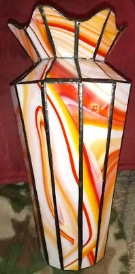 Vintage Stain Glass Slag Orange White Red Swirl Vase • $50