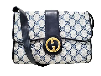 *Rare* GUCCI Shoulder Bag Interlocking Navy PVC Leather Purse Vintage Auth • $318.99