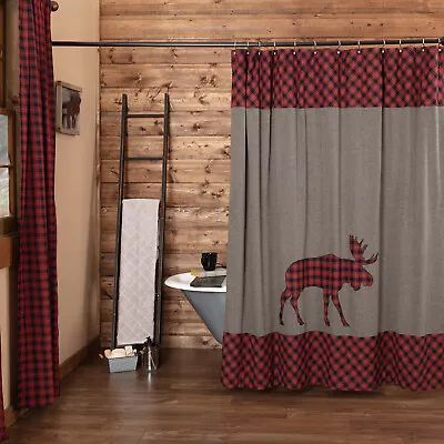 VHC Brands Shower Curtain Cumberland Rustic 72x72 Moose Plaid Cotton Bath Decor • $47.95