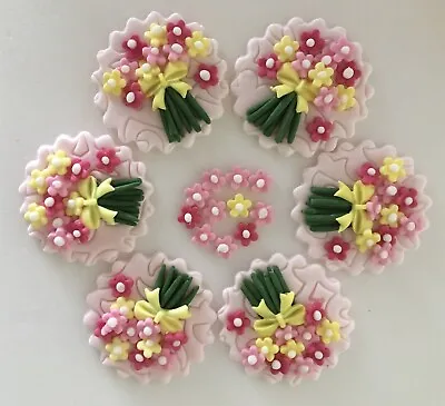 £5 • Buy 6 Pink & Yellow Flower Decorations - Sugar Paste - Cup Cake Decorations, Toppers