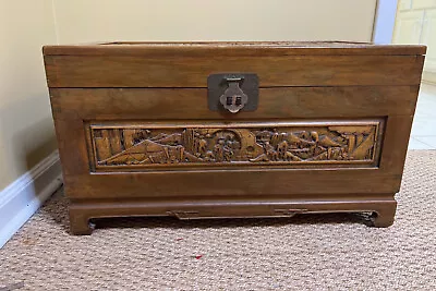 Vintage Chinese Hand Carved Camphor Wood Chest 27.5x14x15.5 Inches! Stunning! • £120.47