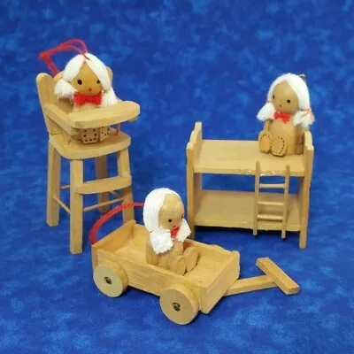 Vintage Wood Girl Christmas Ornaments Lot Of 3 Wagon Bed High Chair Pigtail • $14.95