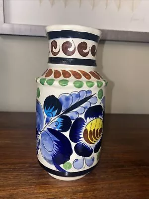 Vintage Tonala Pottery Blue Floral Vase Mexico Signed 7.75” • $14.99