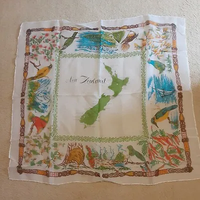 Vintage New Zealand Scarf 42  X 42  Map Birds And Flowers • $9.95