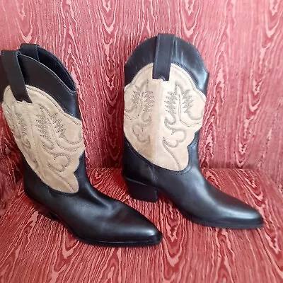 $85 • Buy Zara Woman Nwt Ss23 Embroidered Leather Cowboy Ankle Boots Black Size Eu 39 Us 8