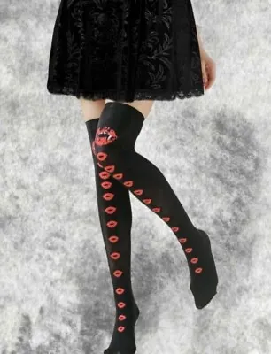 New 2 Pairs Gothic Vampire Lips & Teeth Thigh High Stockings Hold Ups Halloween • $25.25