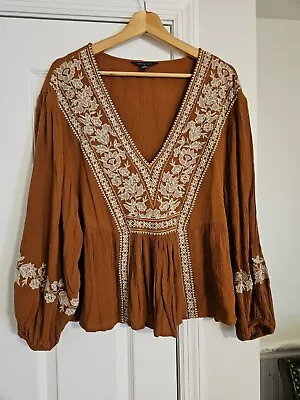 American Eagle Large Burnt Orange Embroidered Peasant Top • £14.19