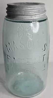 Hero Cross MASON'S PATENT NOV. 30TH 1858 Aqua Blue Quart Jar W/Ball Zinc Lid • $25