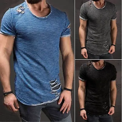 Men's Slim Fit O Neck Short Sleeve Muscle Tops Tee T-shirt Ripped Casual Blouse • $17.90