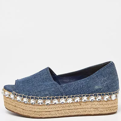 Miu Miu Blue Denim Platform Wedge Open Toe Espadrilles Size 38 • $177.45