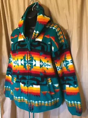 Artesanias Tahuantinsuyo Bright Native Zip Up Sweater Hooded Ecuador Drug Rug M • $39